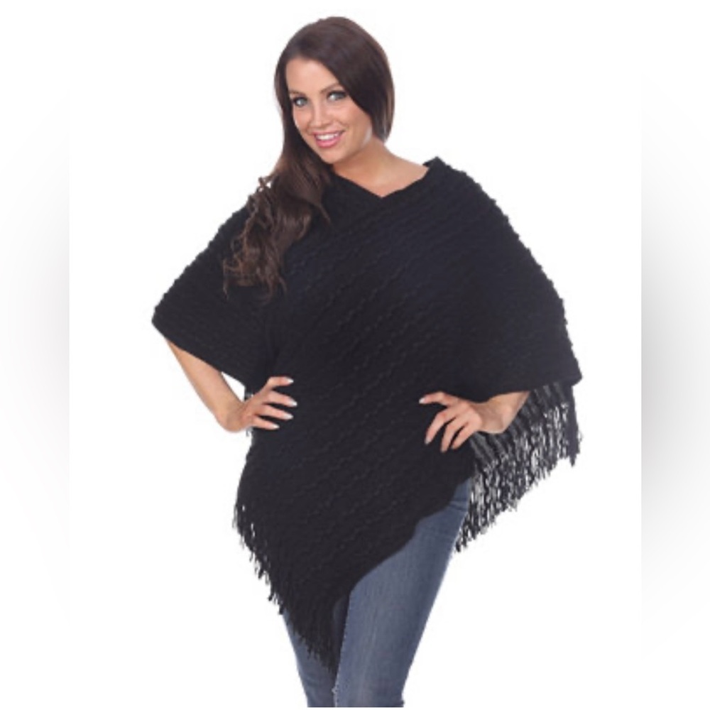 V Neck Black Fringe Sweater Poncho OS